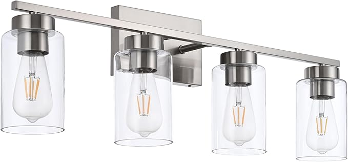 4 Light Bathroom Vanity Light Fixtures, Brush Nickel Modern Wall Lights with Clear Glass Shade, Vintage Wall Sconce Lighting for Living Room, Mirror, Bedroom, Hallway (Nickel, 4-Lights)