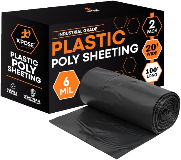 Xpose Safety Black Plastic Sheeting 2 Pack – 20' x 100' Rolls – Heavy Duty 6 Mil Poly Sheet – Waterproof, Dustproof, Vapor Barrier – for Construction, Painting, Industrial Use