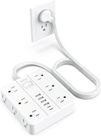 Flat Plug Surge Protector Power Strip, HUNIAN 12 Widely Spaced Outlets with 6 USB Charger (2 USB C Ports), 10 Ft Extension Cord Desk Charging Station for Home Office Supplies, Dorm Room, White