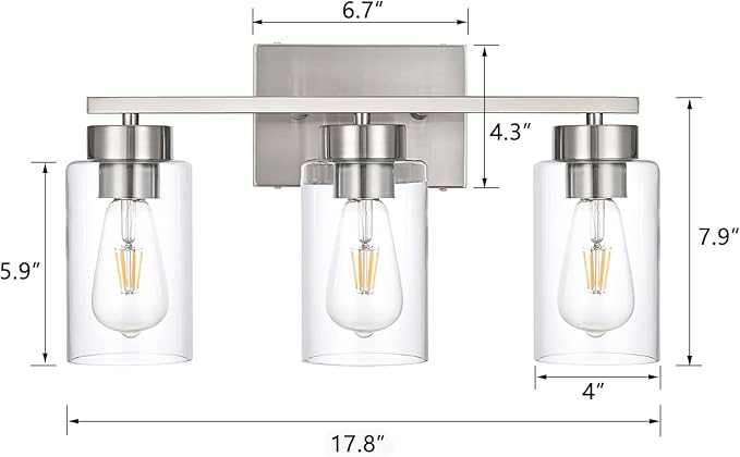 3-Light Bathroom Vanity Light, Modern Brushed Nickel Wall Lights with Clear Glass Shades, Bathroom Wall Sconce Lamp for Mirror Living Room Bedroom Hallway
