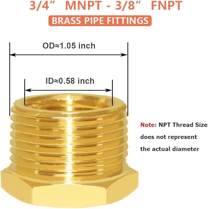 Hooshing 2PCS Brass Reducing Hex Bushing 3/4" NPT Male to 3/8" NPT Female Reducer Pipe Convert Adapter