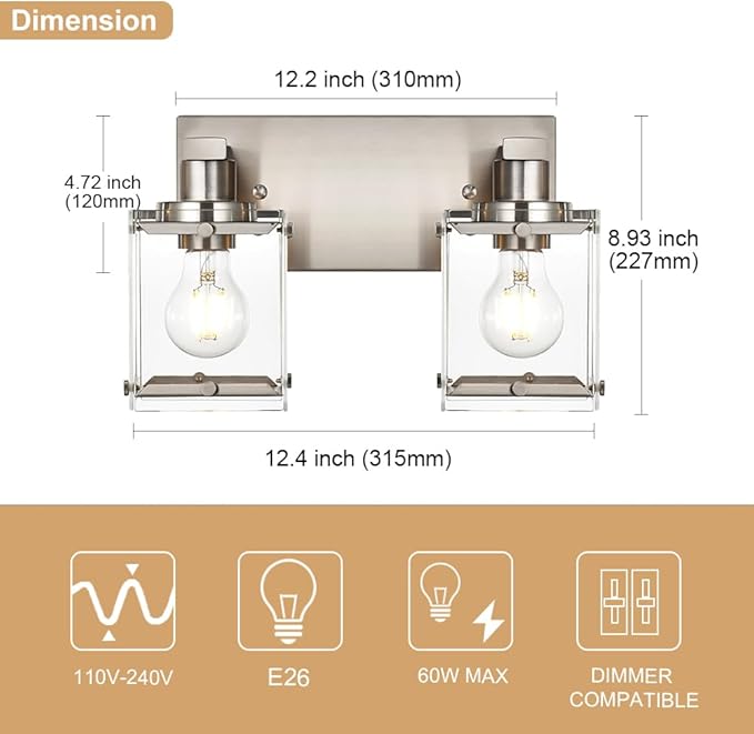 2-Lights Wall Sconce Lighting E26 Bulb Base, Modern Brushed Nickel Bathroom Vanity Light for Over Mirror Bedroom Cabinet, Wall Light Fixtures with Clear Glass Shades