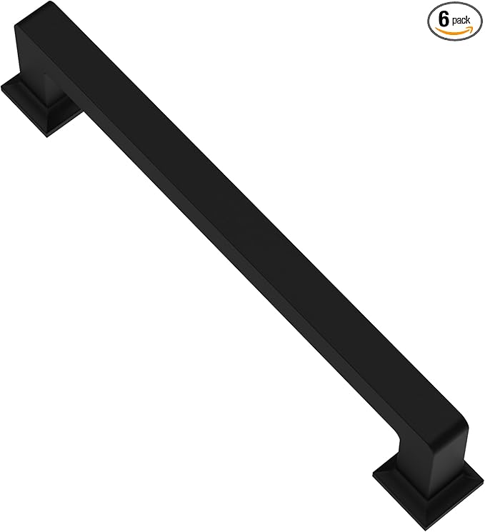 Alzassbg 6 Pack Matt Black Cabinet Pulls, 5 Inch(128mm) Hole Centers Cabinet Handles Square Kitchen Hardware for Cabinets AL3046MB
