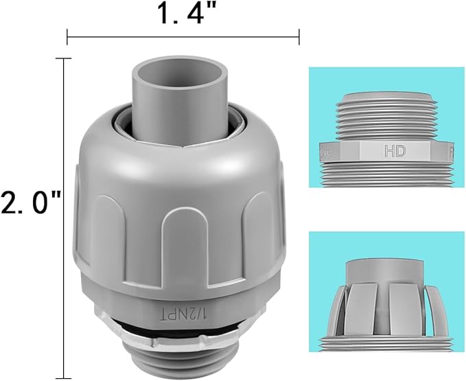 16-Pack NPT 1/2 Inch Liquid Tight Connector Non-Metallic PVC Electrical Flexible Conduit Fittings, UL Listed - 180 Degree Straight, Grey