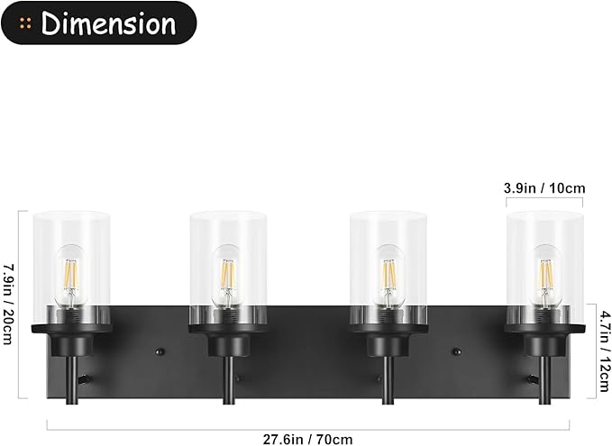 GoYeel Bathroom Light Fixtures Over Mirror, Matte Black Vanity Light 4 Light Wall Sconce Lighting Indoor Farmhouse Bathroom Lamp with Clear Glass Shade for Bedroom Living Room Hallway Kitchen