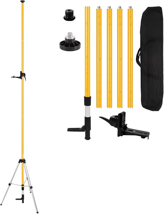 12Ft/3.7M Professional Laser Level Pole with Tripod & Mount - 1/4" & 5/8" Adapters, Adjustable Telescoping Laser Level Pole for Rotary/Line Lasers