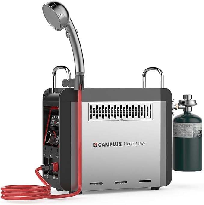 CAMPLUX Nano 3 Pro 1 lb Propane Portable Water Heater, Table Top Camp Water Heater & Shower Pump w/Built-in Battery, Compact Outdoor Camping Hot Showers