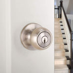 Amazon Basics Exterior Door Knob With Lock, Coastal, Satin Nickel