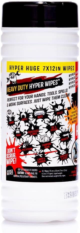 Hyper Wipes, 4 Pack Heavy Duty Hand & Tool Cleaning Wipes, 7"x12" Size Multi-Surface Cleaning Wipes, Degreasing, All Purpose Cleaner, Bathroom, Mechanic, Work Surface Wipes, 140 Count Canister