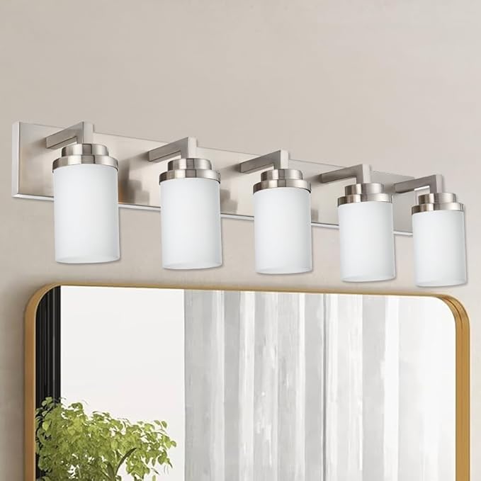 TODOLUZ Brushed Nickel Bathroom Light Fixtures, 5-Lights Modern Vanity Lighting Over Mirror, Farmhouse Wall Mount Lamp for Bedroom Kitchen
