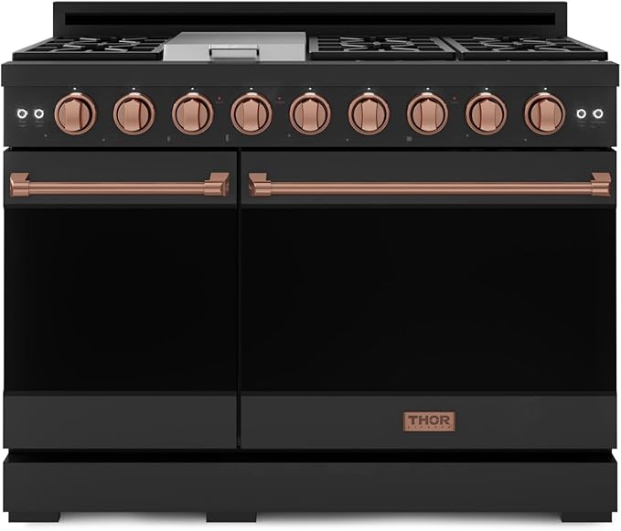 Gordon Ramsay by THOR Kitchen 48 Inch Professional Gas Range with Double Oven in Black/Rose Gold