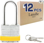 LanuBe Lock Laminated keyed Padlock (1-9/16", 40mm), keyed Alike Locks, Long Shackle,Marked Yellow Plastic Hoop, Pack of 12