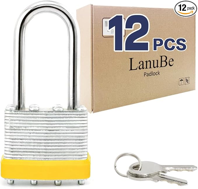 LanuBe Lock Laminated keyed Padlock (1-9/16", 40mm), keyed Alike Locks, Long Shackle,Marked Yellow Plastic Hoop, Pack of 12