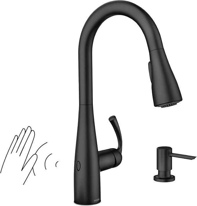 Moen Essie Matte Black MotionSense Wave One-Handle Touchless Kitchen Faucet with Pulldown Sprayer and Soap Dispenser, 87014EWBL