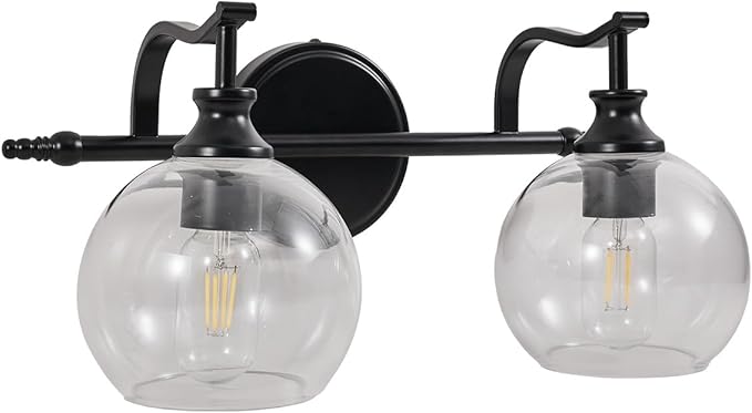 ANDY STAR 2 Light Bathroom Vanity Light, Matte Black Bathroom Light Fixtures, Modern Wall Sconce with Clear Globe Glass Shade, Farmhouse Wall Lamp for Bathroom, Living Room, Hallway, Cabinet, Porch