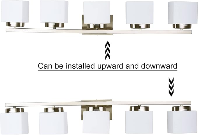 5 Light Brushed Nickel Vanity Lighting Fixture with Milky White Glass Shade for Bathroom Over Mirror, 40 Inches