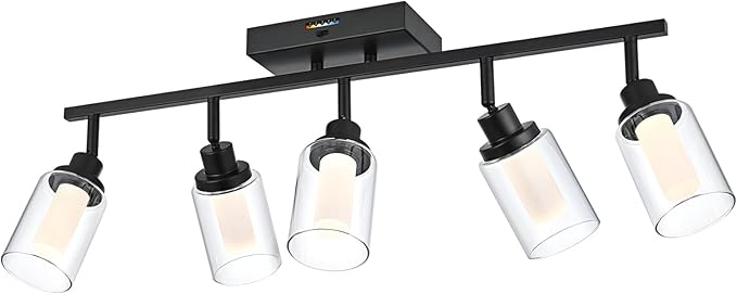 5-Light LED Black Track Light Fixtures Ceiling, 5-Color Temperature Adjustable Directional Spotlight, Bathroom Vanity Lighting with Integrated LED Chips & Clear Glass Shade & Frosted Column