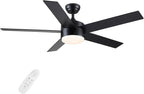 52 inch Black Ceiling Fans with Lights and Remote Control, Noiseless Modern Ceiling Fan for Bedroom, Living Room, Dining Room, Dimmable 3CCT 6-Speed ETL Listed