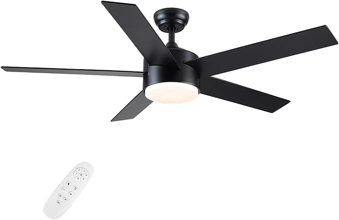 52 inch Black Ceiling Fans with Lights and Remote Control, Noiseless Modern Ceiling Fan for Bedroom, Living Room, Dining Room, Dimmable 3CCT 6-Speed ETL Listed