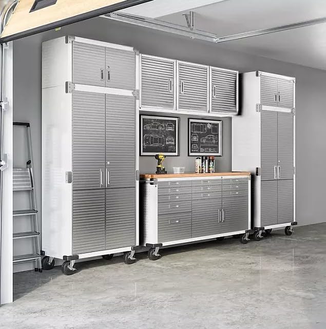 Heavy Duty 8-Piece Steel Garage Cabinet Storage Set with Rolling Workbench, 12 Feet Wide (White)