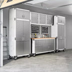 Heavy Duty 8-Piece Steel Garage Cabinet Storage Set with Rolling Workbench, 12 Feet Wide (White)