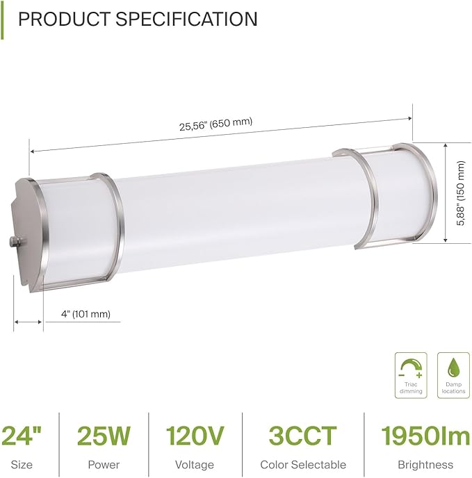 ASD LED 24" Vanity Flush Mount Light Fixture, Linear Bathroom Lighting Bar | 3CCT, Dimmable, Energy Star, ETL Listed | 25W 1950LM 3000-5000K 120V | Long Tube Bath Wall Sconce Over Mirror | Nickel