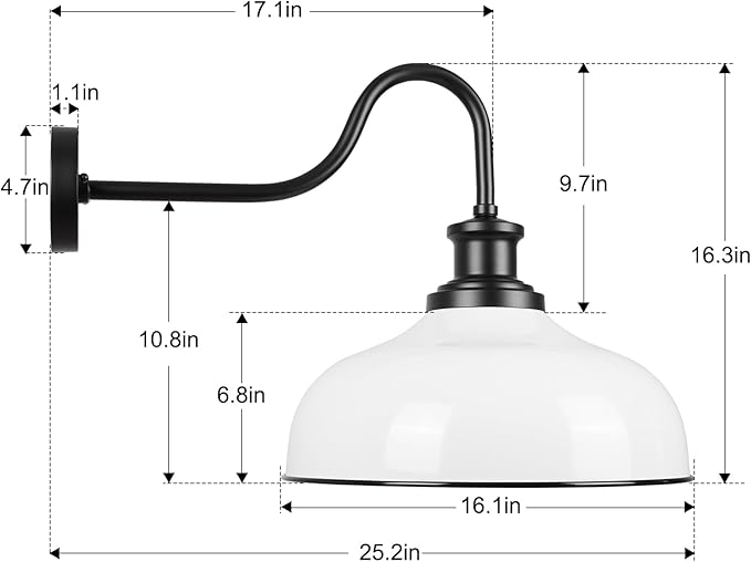 Outdoor Gooseneck Barn Lights, 16 Inch Dome Outdoor Wall Sconce Farmhouse Exterior Wall Mount Light Vintage Wall Lighting Fixture Industrial Lantern for Porch, Entryway, Garage, RZ007L-2 WH