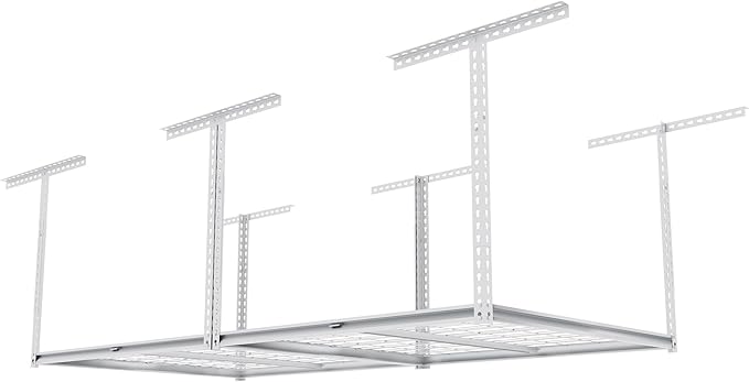 The Atlas 4 x 8 ft Adjustable Height Overhead Garage Storage Rack 900 lbs Heavy Duty Capacity White
