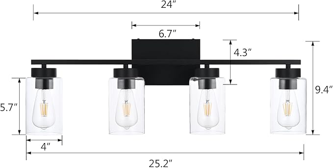 4 Light Bathroom Vanity Light Fixtures, Matte Black Modern Wall Lights with Clear Glass Shade, Vintage Wall Sconce Lighting for Living Room, Mirror, Bedroom, Hallway (Black, 4-Lights)