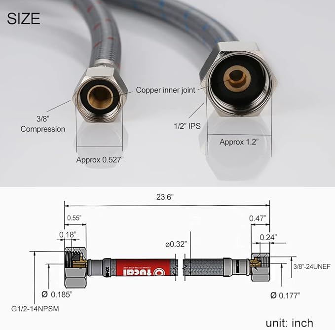 WOWOW 24 Inch Faucet Supply Hoses Bathroom Kitchen Faucet Sink Hose Braided Nylon Faucet Supply Lines Female Compression Thread 3/8" Comp x 1/2" FIP 2Pcs (1 Pair)
