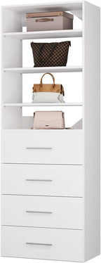ROOMTEC Modular Closet System, 25.5" 4 Drawer Shelf Closet Tower Wall-Mounted Closet Organizer, Wooden Tower for Walk-In Closets, Wardrobe Storage Kit, White
