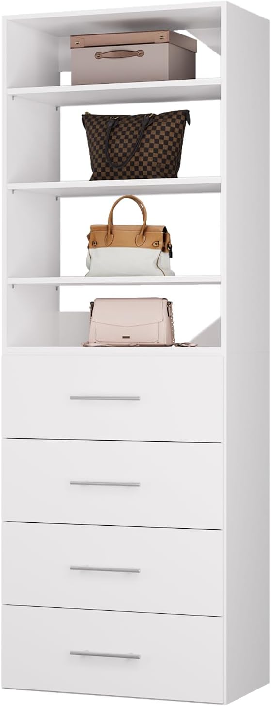 ROOMTEC Modular Closet System, 25.5" 4 Drawer Shelf Closet Tower Wall-Mounted Closet Organizer, Wooden Tower for Walk-In Closets, Wardrobe Storage Kit, White