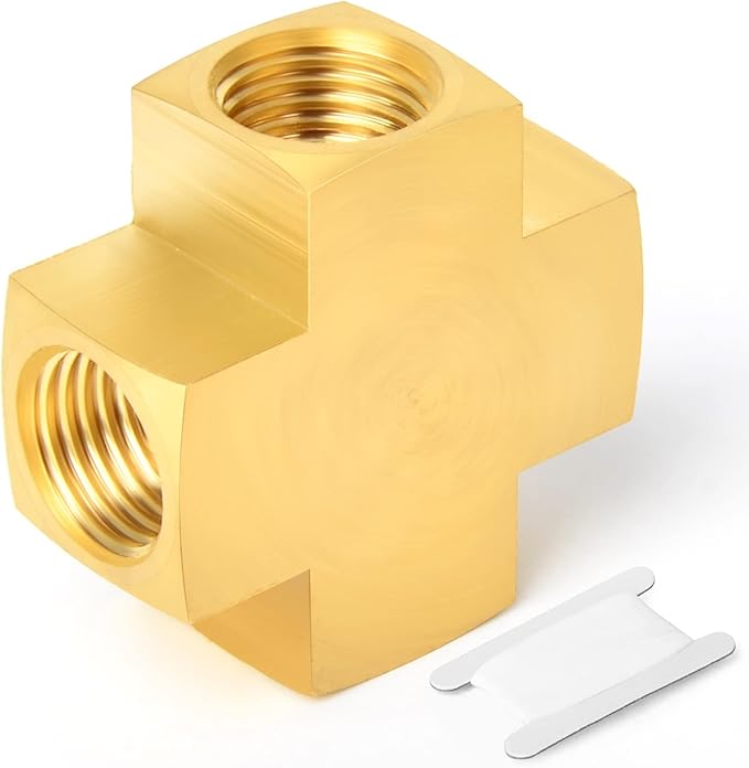 GASHER 1PCS Brass Pipe Fitting, Barstock 4 Way Cros, 1/4" x 1/4" x 1/4" x 1/4" NPT Female Pipe