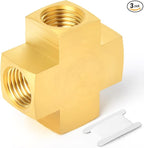 GASHER 3PCS Brass Pipe Fitting, Barstock 4 Way Cross, 1/4" x 1/4" x 1/4" x 1/4" NPT Female Pipe
