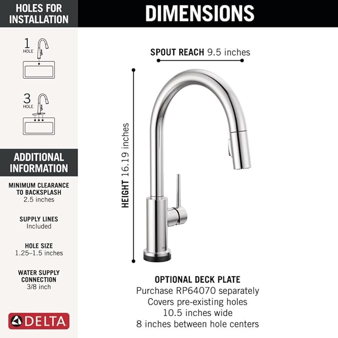 Delta Trinsic Chrome Touch Kitchen Faucet with Pull Down Sprayer, Modern Single Hole Touch On Kitchen Sink Faucet, Single Handle, Chrome 9159T-DST