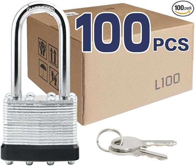 LanuBe Lock Laminated keyed Padlock (1-9/16", 40mm), keyed Alike Locks, Long Shackle,Marked Black Plastic Hoop, Pack of 100