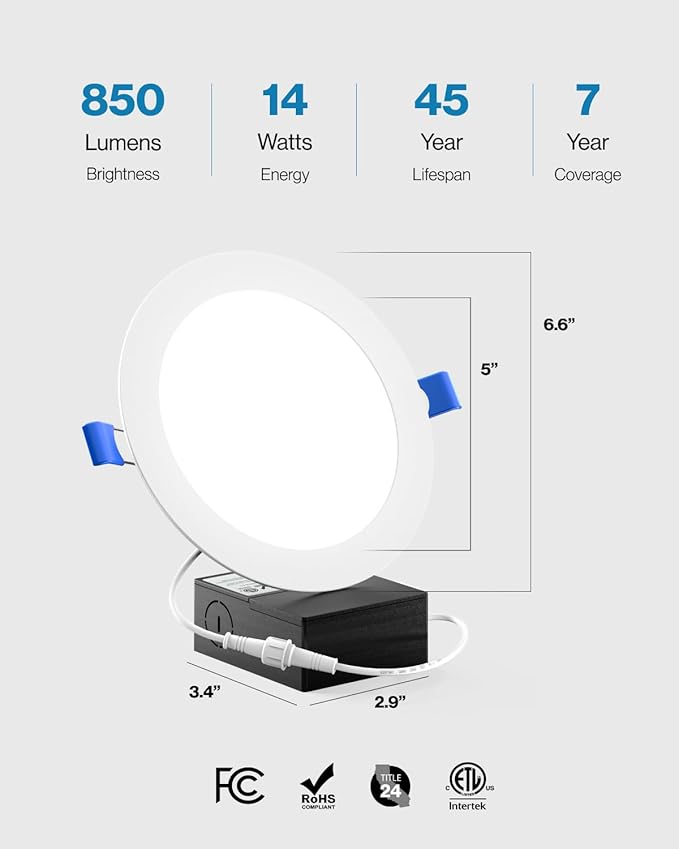 Sunco 96 Pack 6 Inch Ultra Thin LED Recessed Ceiling Lights, Slim Canless with Junction Box, 850 LM, 6000K Daylight Deluxe, Dimmable, 14W=100W, Wafer Thin, 50000 Lifetime Hours ETL.