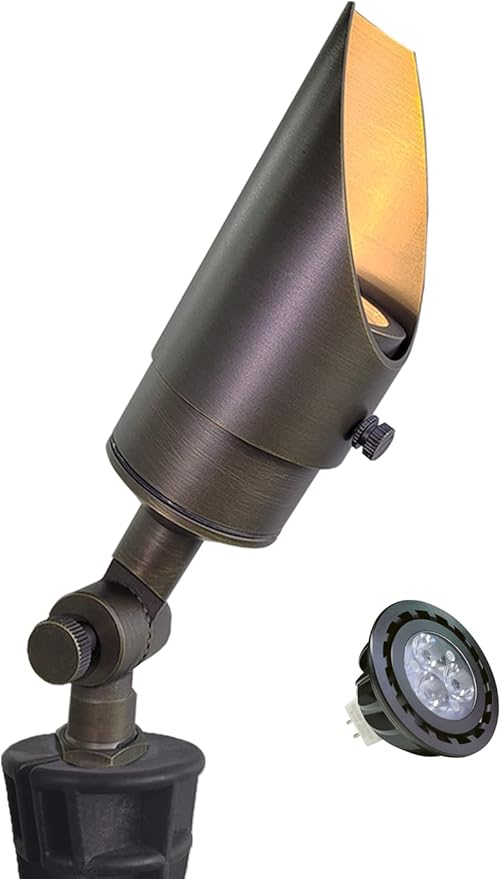 MALORY Brass Landscape Spotlight 1-Pack with MR16 Bulb Kit(S04), Low Voltage 12V AC/DC Shroud Adjustable Outside Yard Lighting,PVC Ground Stake and Wire Connector Included, 5W 2700K Warm White