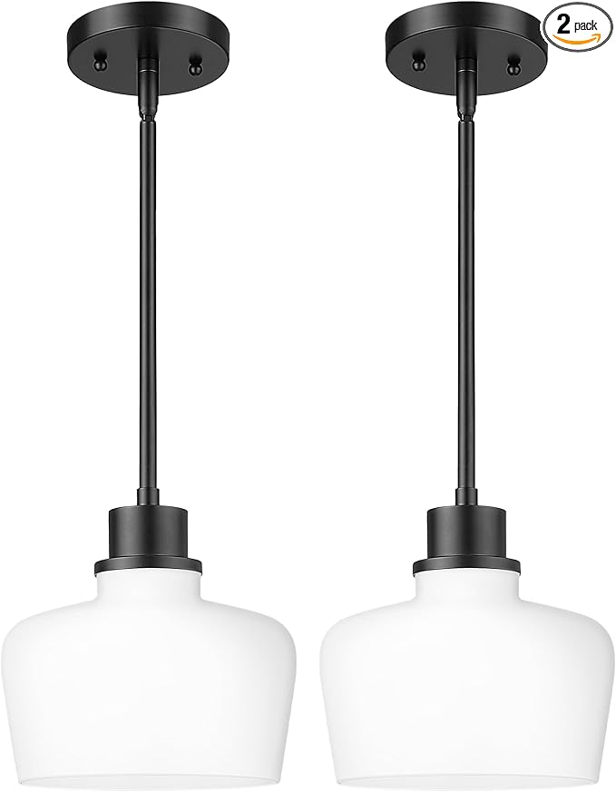 Emak 2 Pack 8 Inch Milk Glass Pendant Lights Kitchen Island, Modern Farmhouse Black Pendant Light Fixtures for Kitchen Island, Bathroom, Dining Room, PL122-BK-ML-2PK