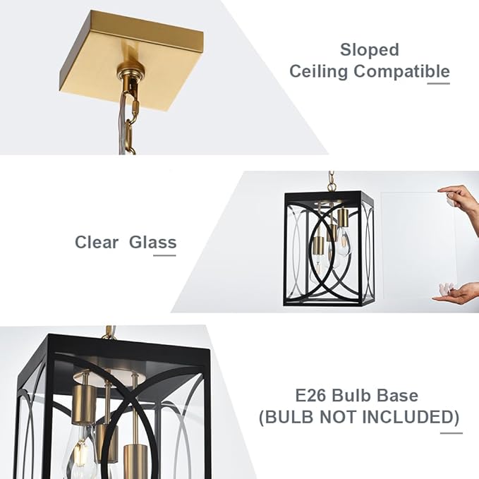 Outdoor Pendant Light Fixtures, Modern 3-Lights Exterior Hanging Lantern Clear Glass Panel, Black Large Outdoor Chandelier for Porch Patio Front Door