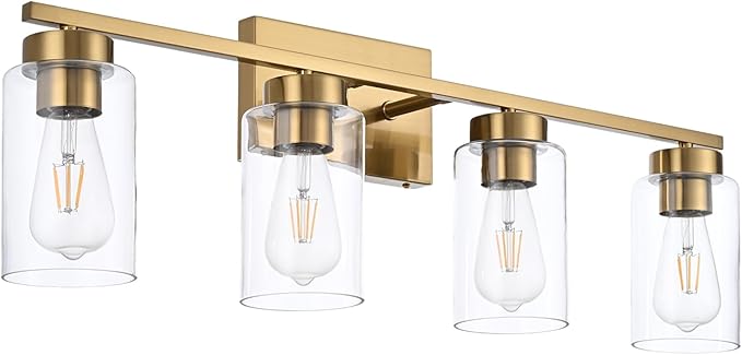 4 Light Bathroom Vanity Light Fixtures, Brushed Brass Modern Wall Lights with Clear Glass Shade, Vintage Wall Sconce Lighting for Living Room, Mirror, Bedroom, Hallway (Gold, 4-Lights)