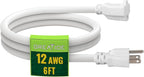 6 Ft Outdoor Extension Cord - 12/3 SJTW Heavy Duty White Extension Cable with 3 Prong Grounded Plug - Power Cord for Lawn, Garden, Appliances