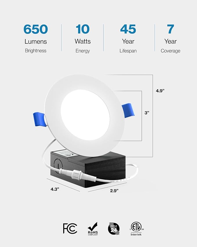 Sunco 24 Pack 4 Inch Ultra Thin LED Recessed Ceiling Lights Slim, 5000K Daylight, Dimmable 10W=60W, 650 LM, Damp Rated, Canless Wafer Thin with Junction Box - ETL & Energy Star.