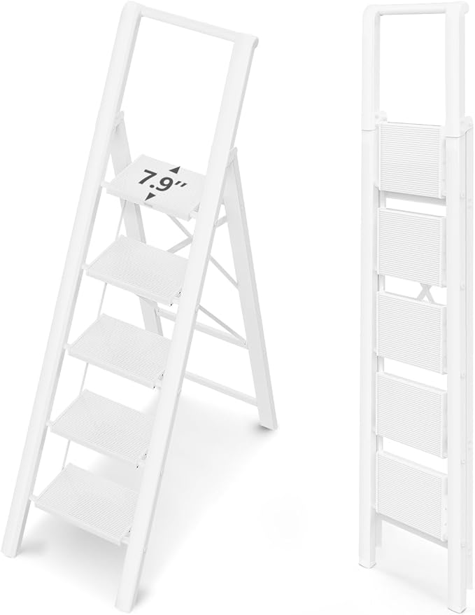 WOA WOA 5 Step Ladder for 10 Feet High Ceiling, Lightweight Foldable Ladder with Non-Slip Wide Pedals, Step Stool with Safe Handrail, Space Saving for Home, Kitchen, Indoor & Outdoor 300lbs - White