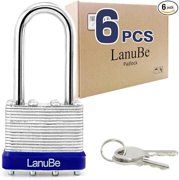 LanuBe Laminated Padlock 1-9/16 inch (40mm) Long Shackle 6 Pack Keyed Alike, Blue Plastic Hoop, Bulk Locks for Warehouse, School