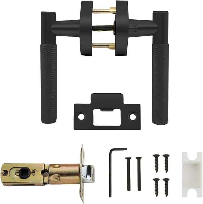 Amerdeco 1 Pack Matte Black Door Handles Interior, Knurled Privacy Door Handles with Lock,Heavy Duty Black Door Lever for Bedroom or Bathroom,Reversible Keyless for Left Right Handed Doors