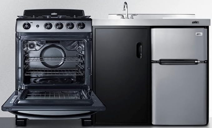 Summit 63" All-in-One Kitchenette with Gas Range, Refrigerator-Freezer, Sink, White - ACK63GASBSS