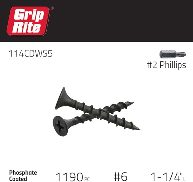 Grip-Rite 114CDWS5#6 X 1-1/4" Phillips Bugle Head Coarse Thread Sharp Point Drywall Screw, 5lb Box