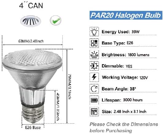 PAR20 Halogen Light Bulbs 6 Pack 120V 39w Dimmable (PAR20 50W Equivalent), E26 Medium Base Flood Light Bulbs with 3000k Warm White for Kitchen Stove Hood and Range Hood Light Bulb.