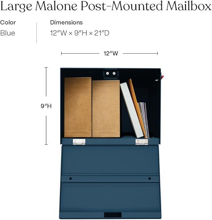 post & porch Malone Mailbox | Post Mounted Mailbox | Black/White/Gray/Brown/Red/Blue/Green, Regular or Large, Weatherproof Mail Box for Outside, Customizable (Blue, Large)